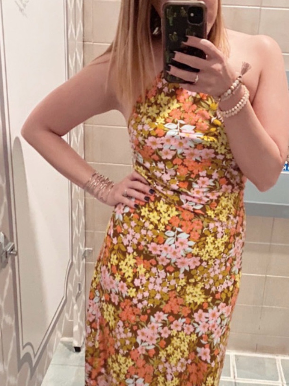Billabong Floral Halter Midi Dress in Olive, Pink, and Orange